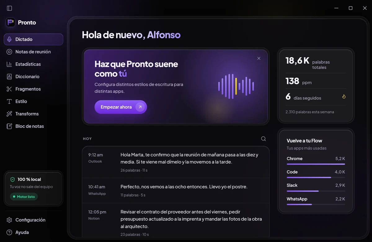Pantalla de dictado de Pronto en tema oscuro