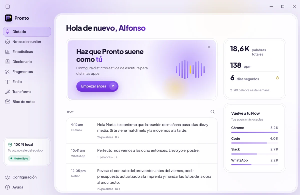 Pantalla de dictado de Pronto en tema claro