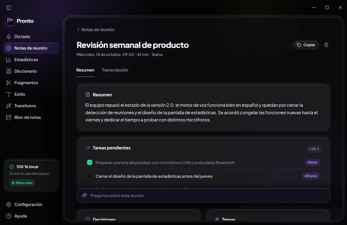 Resumen de una reunión con tareas pendientes y su responsable