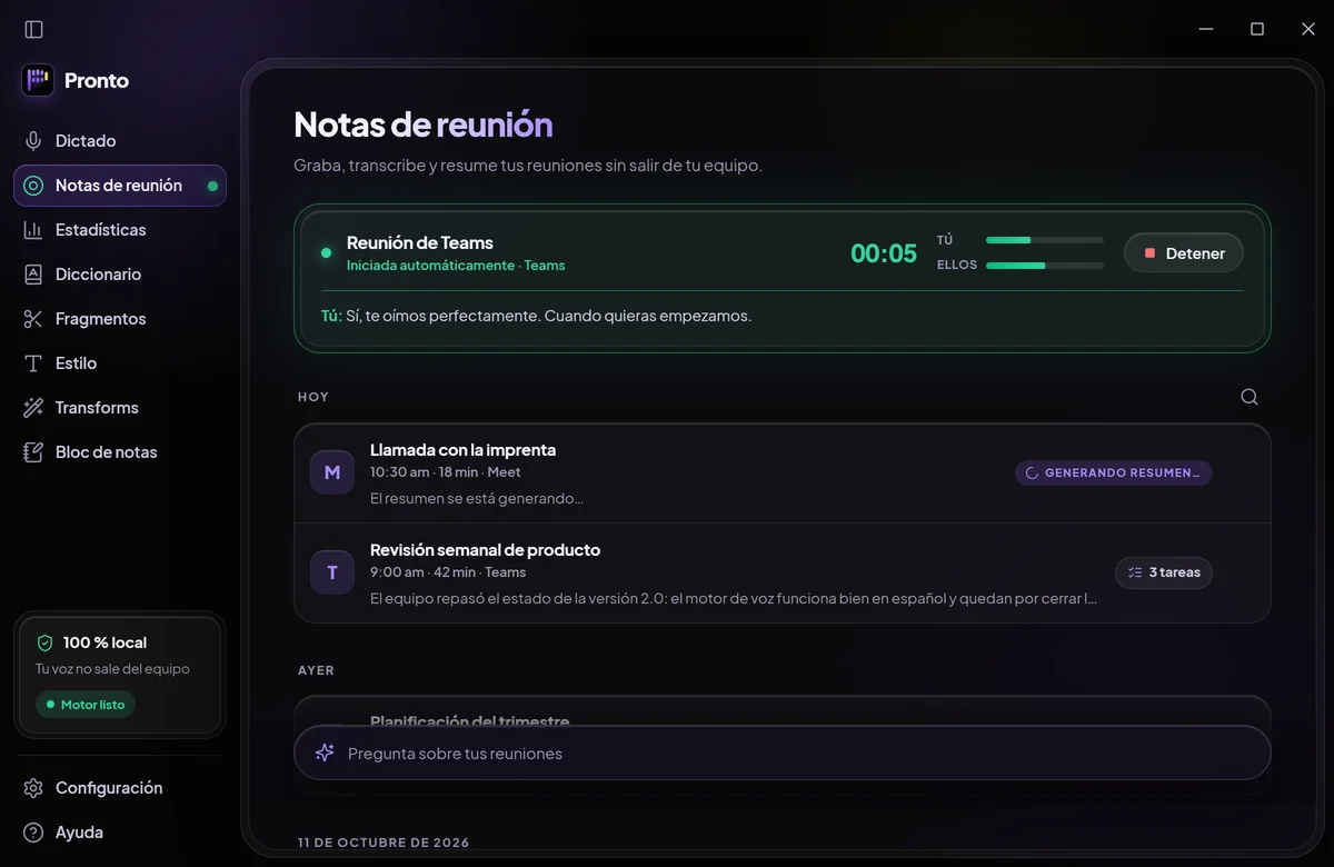 Pronto tomando notas de una reunión de Teams en directo, con los niveles de Tú y Ellos
